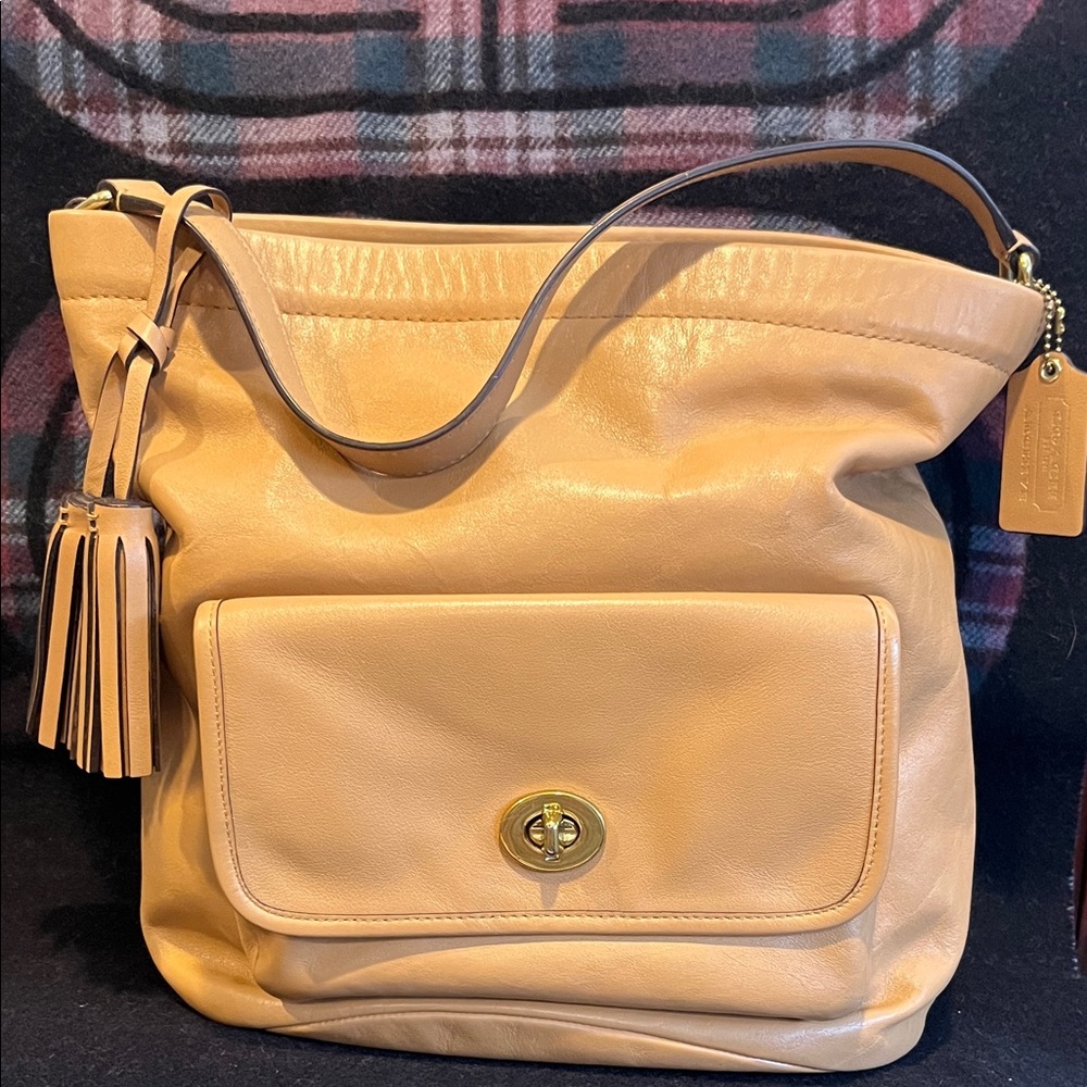 Coach Legacy Arch Buckey Camel Beige Leather Shoulder Bag with Tassel